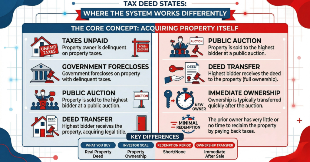 Infographic comparing tax deed states, covering how the system works, the core concept of acquiring the property itself, and key differences in ownership transfer