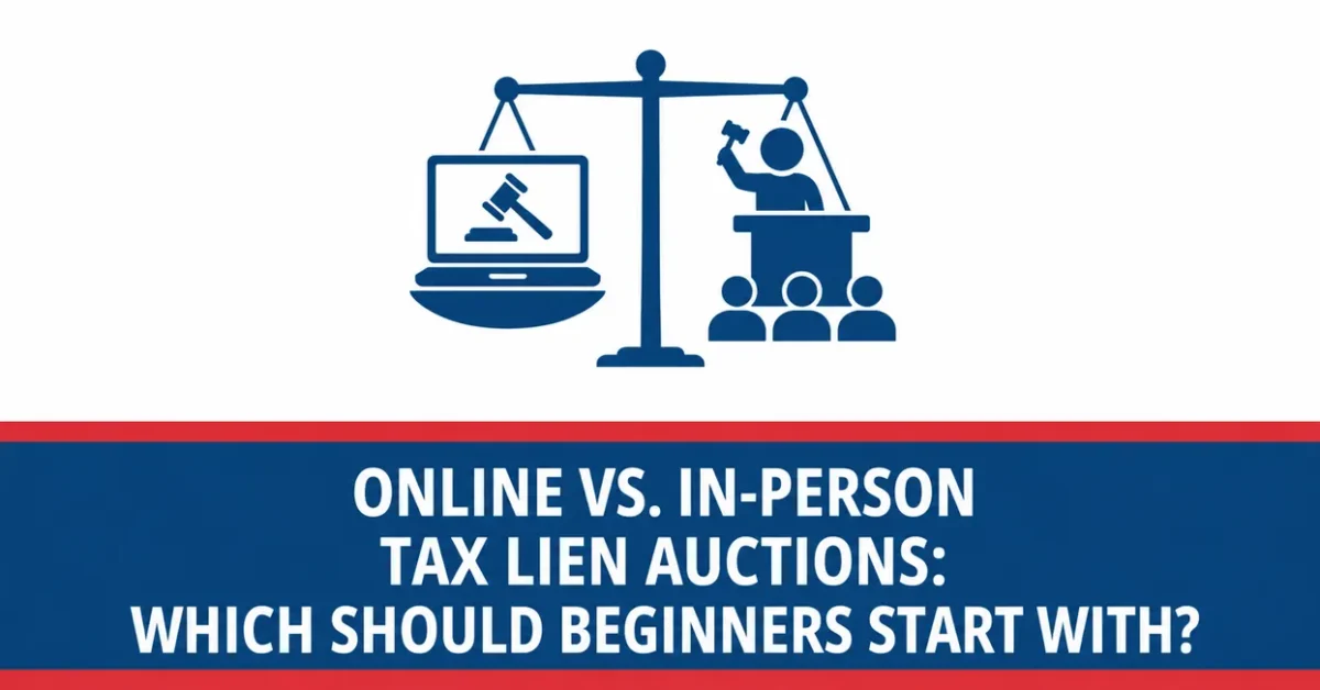 United Tax Liens graphic comparing online vs in person tax lien auctions and which beginners should start with, balance scale icon