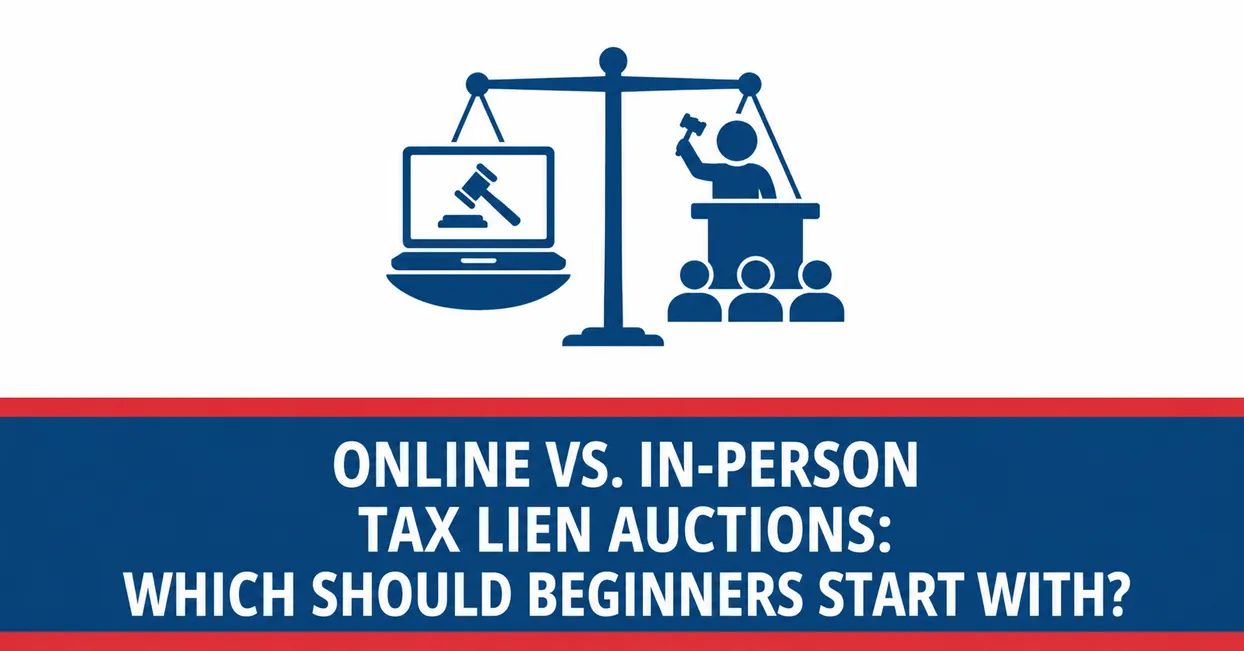 United Tax Liens graphic comparing online vs in person tax lien auctions and which beginners should start with, balance scale icon