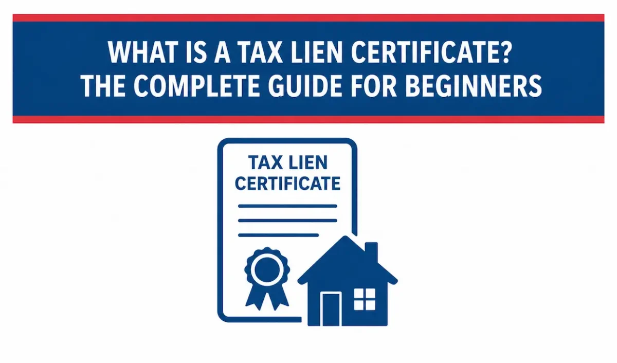 Tax lien certificate guide cover showing a certificate with a ribbon seal next to a house icon, from United Tax Liens