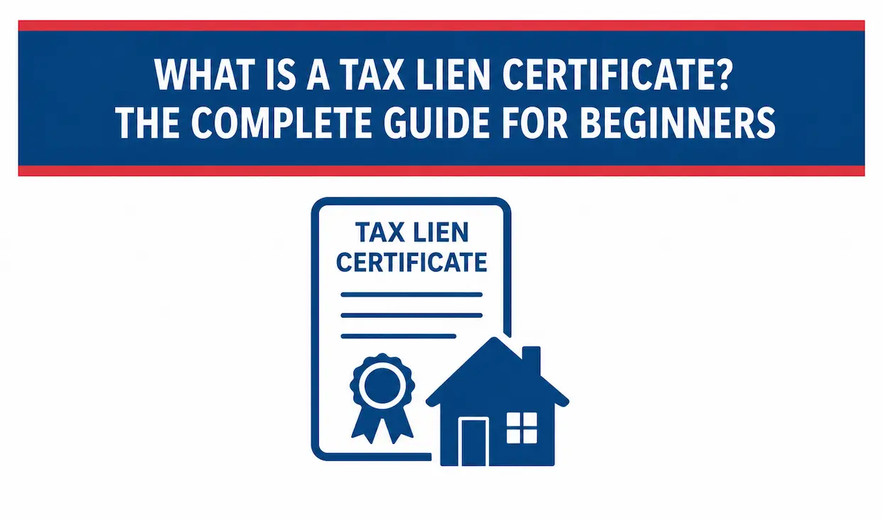 Tax lien certificate guide cover showing a certificate with a ribbon seal next to a house icon, from United Tax Liens