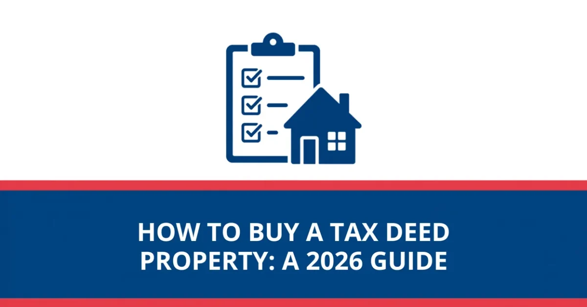 United Tax Liens graphic reading how to buy a tax deed property a 2026 guide, with a checklist and house icon