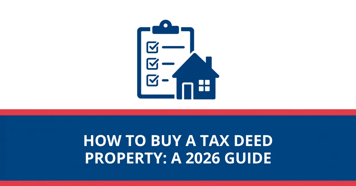 United Tax Liens graphic reading how to buy a tax deed property a 2026 guide, with a checklist and house icon