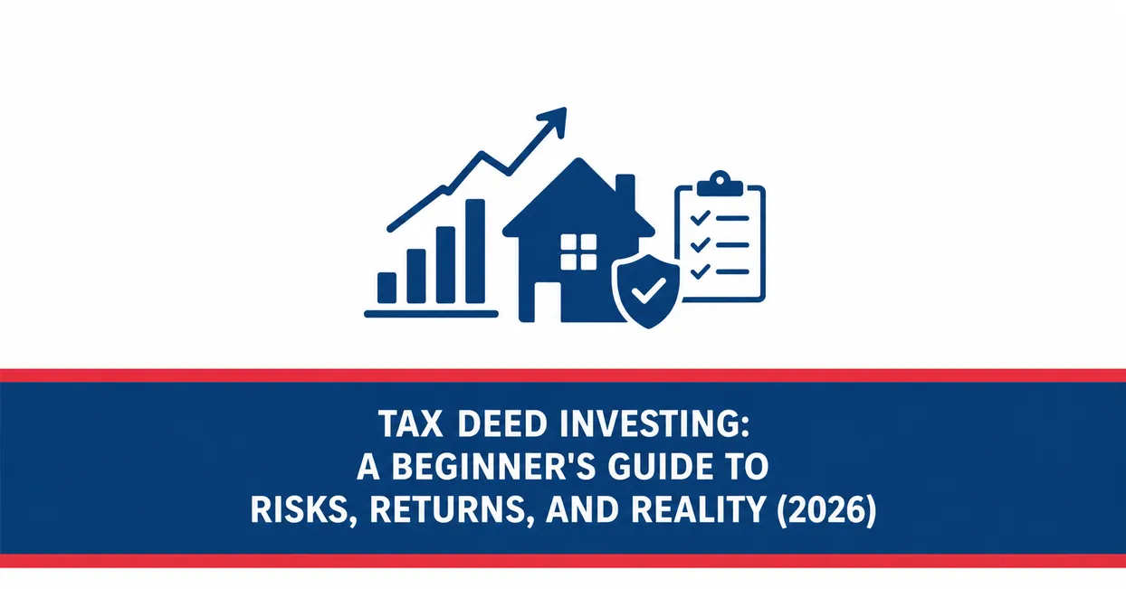 Infographic on tax deed investing, a beginner’s guide to risks returns and reality for 2026, with chart and checklist icons