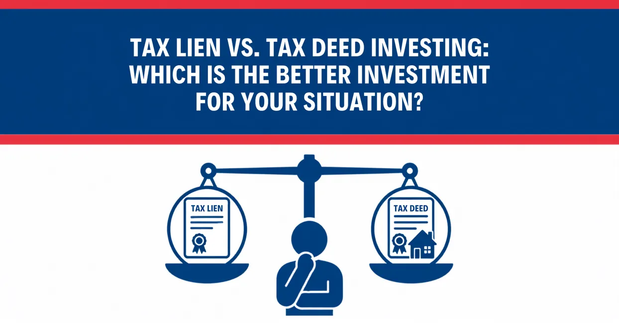 United Tax Liens graphic comparing tax lien vs tax deed investing and which is the better investment for your situation, balance scale icon