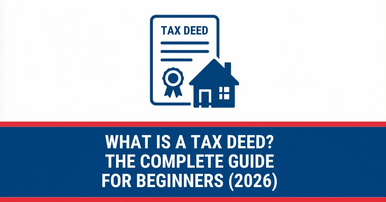 Graphic reading what is a tax deed the complete guide for beginners 2026, with a tax deed document and house icon