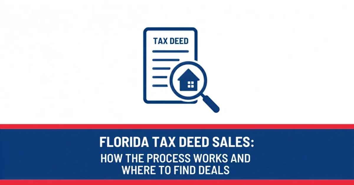 Infographic on Florida tax deed sales covering how the process works and where to find deals, with a tax deed document icon