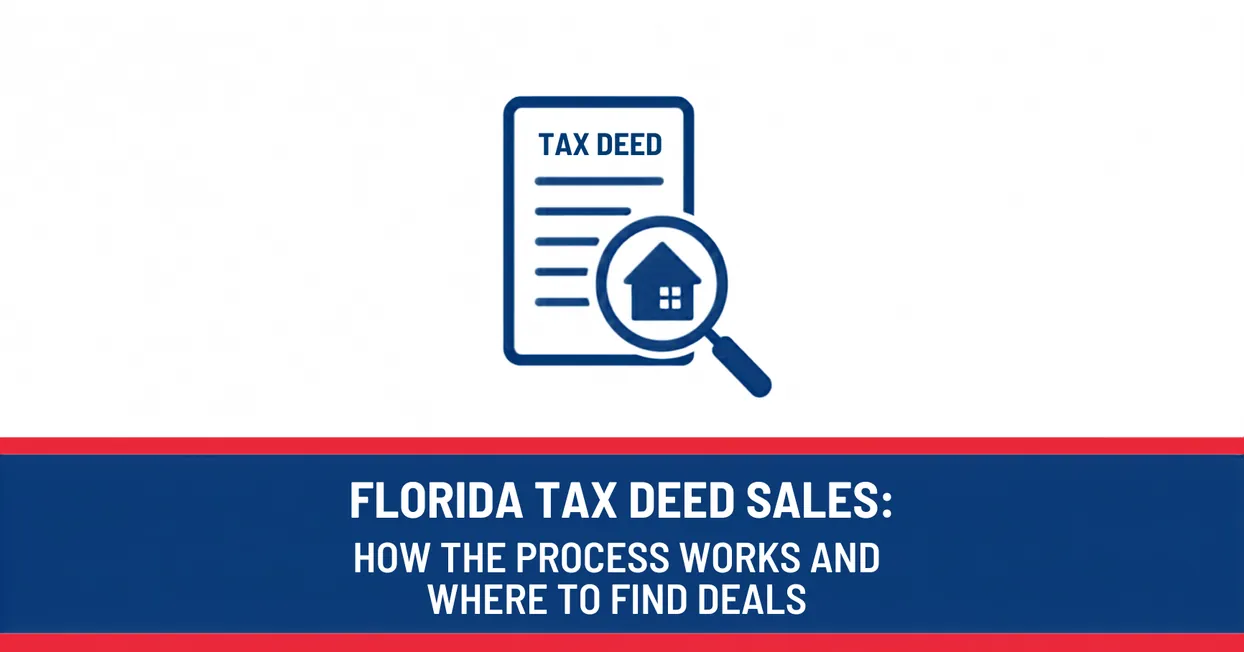 Infographic on Florida tax deed sales covering how the process works and where to find deals, with a tax deed document icon