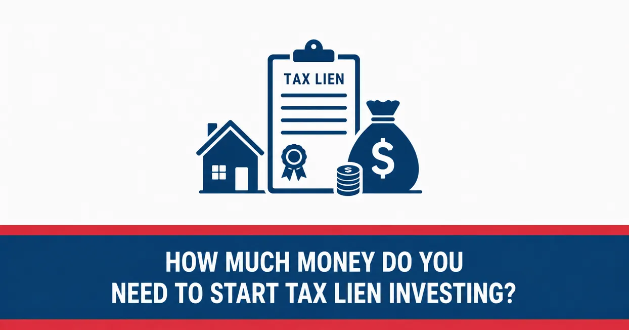 United Tax Liens graphic reading how much money do you need to start tax lien investing, tax lien certificate with house and money icons