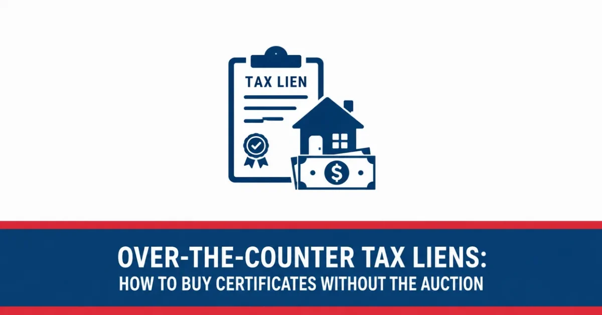 United Tax Liens graphic reading over-the-counter tax liens how to buy certificates without the auction, with a document, house and cash icon
