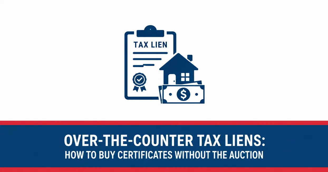 United Tax Liens graphic reading over-the-counter tax liens how to buy certificates without the auction, with a document, house and cash icon
