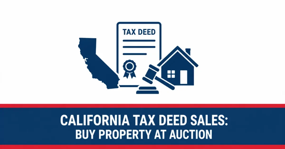 United Tax Liens graphic reading California tax deed sales buy property at auction, with a California map, tax deed document, gavel and house icons
