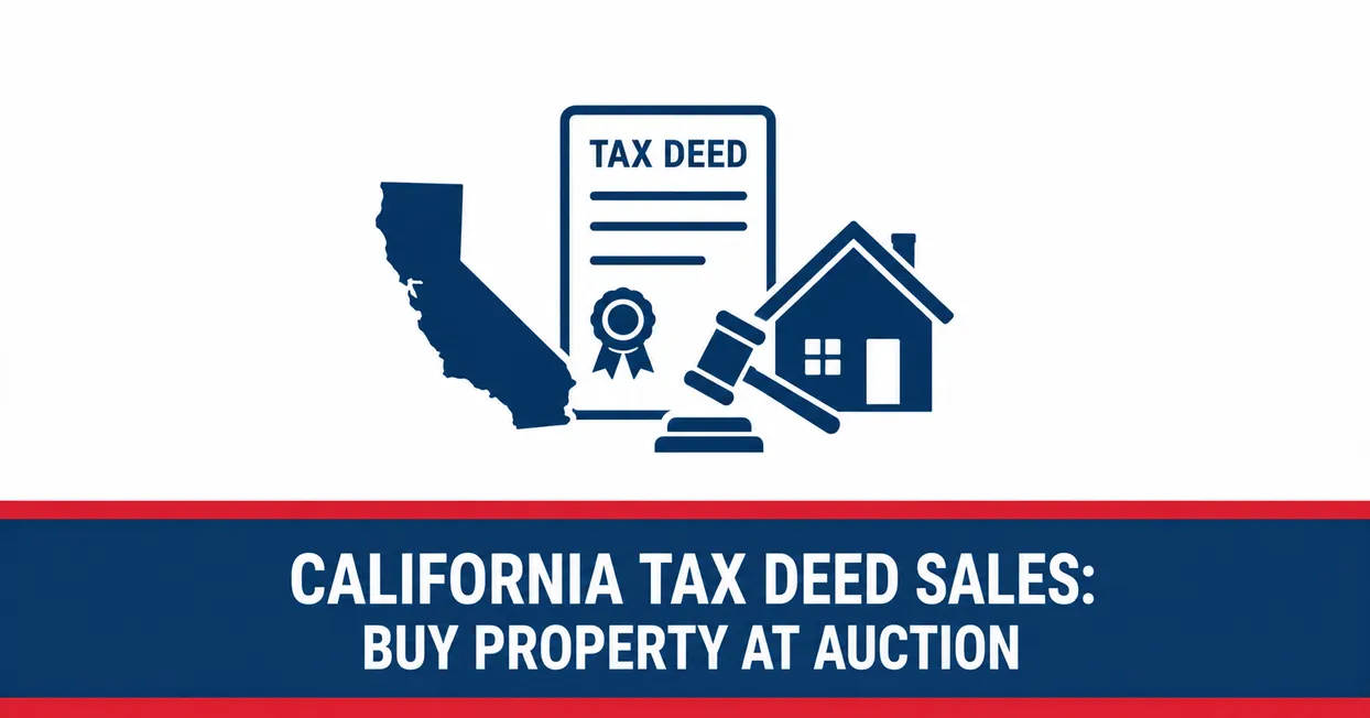 United Tax Liens graphic reading California tax deed sales buy property at auction, with a California map, tax deed document, gavel and house icons