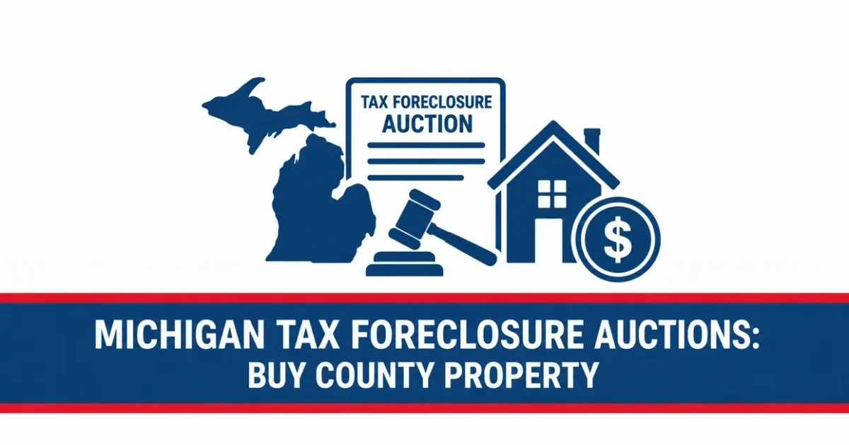 United Tax Liens graphic reading Michigan tax foreclosure auctions buy county property, with a Michigan map, auction document, gavel and house icons