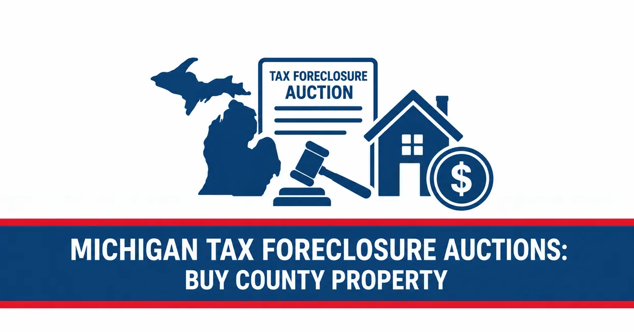 United Tax Liens graphic reading Michigan tax foreclosure auctions buy county property, with a Michigan map, auction document, gavel and house icons