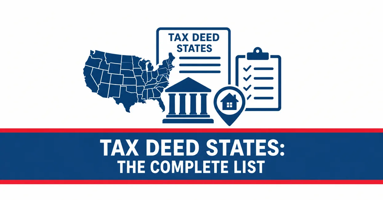 United Tax Liens graphic reading tax deed states the complete list, with a US map, courthouse, checklist and map pin house icons