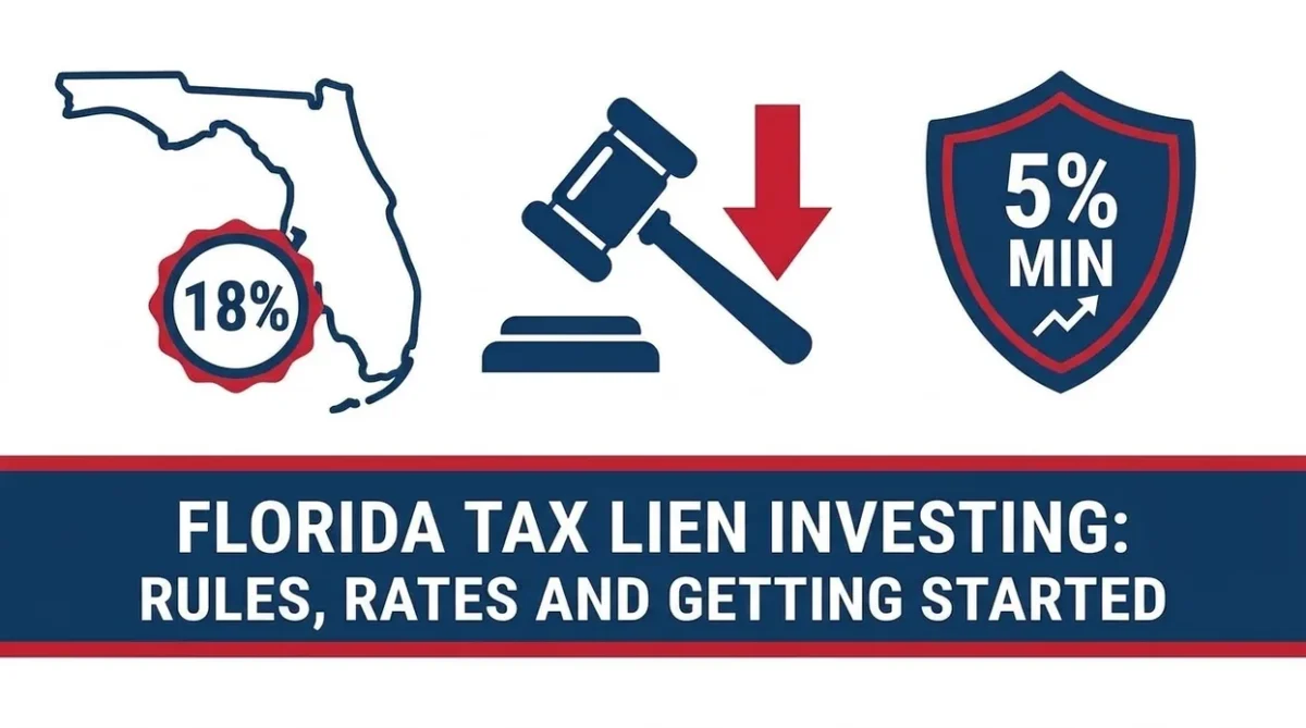 United Tax Liens graphic reading Florida tax lien investing, rules, rates and getting started, with a Florida map and 18 percent seal, an auction gavel with a down arrow, and a 5 percent minimum shield