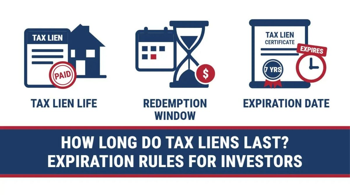 Infographic on how long tax liens last, showing tax lien life, the redemption window and the certificate expiration date