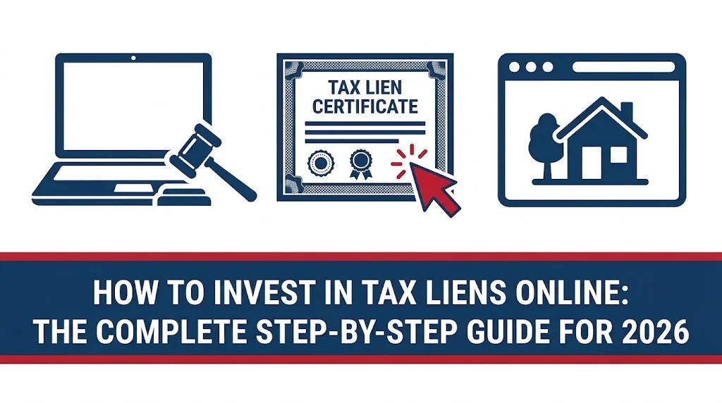 United Tax Liens graphic reading how to invest in tax liens online, the complete step-by-step guide for 2026, with a laptop and gavel, a tax lien certificate and a house on a web page