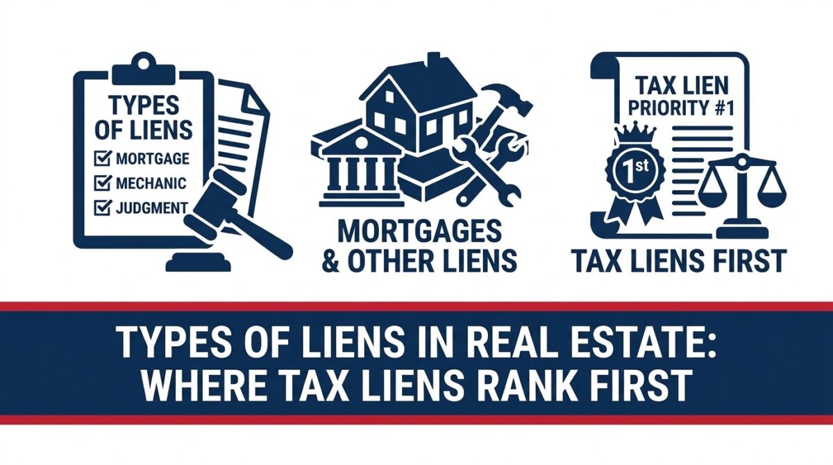 Types of liens in real estate infographic showing mortgage, mechanic and judgment liens, with tax liens ranked first