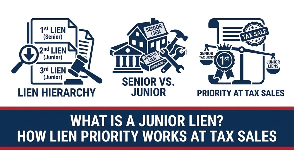 Infographic on junior liens showing a lien hierarchy, senior vs junior liens, and property tax lien priority at tax sales